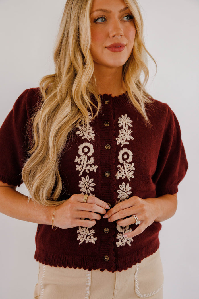 Maroon Short Sleeve Cardigan- Women's Embroidered Cardigan- Women's Sweater Tops
