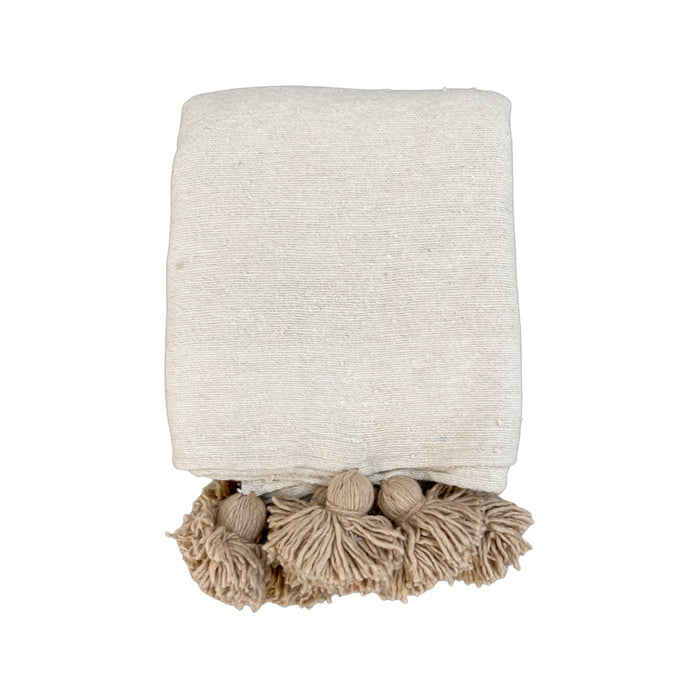 Beach Beige handwoven Moroccan pom pom blanket