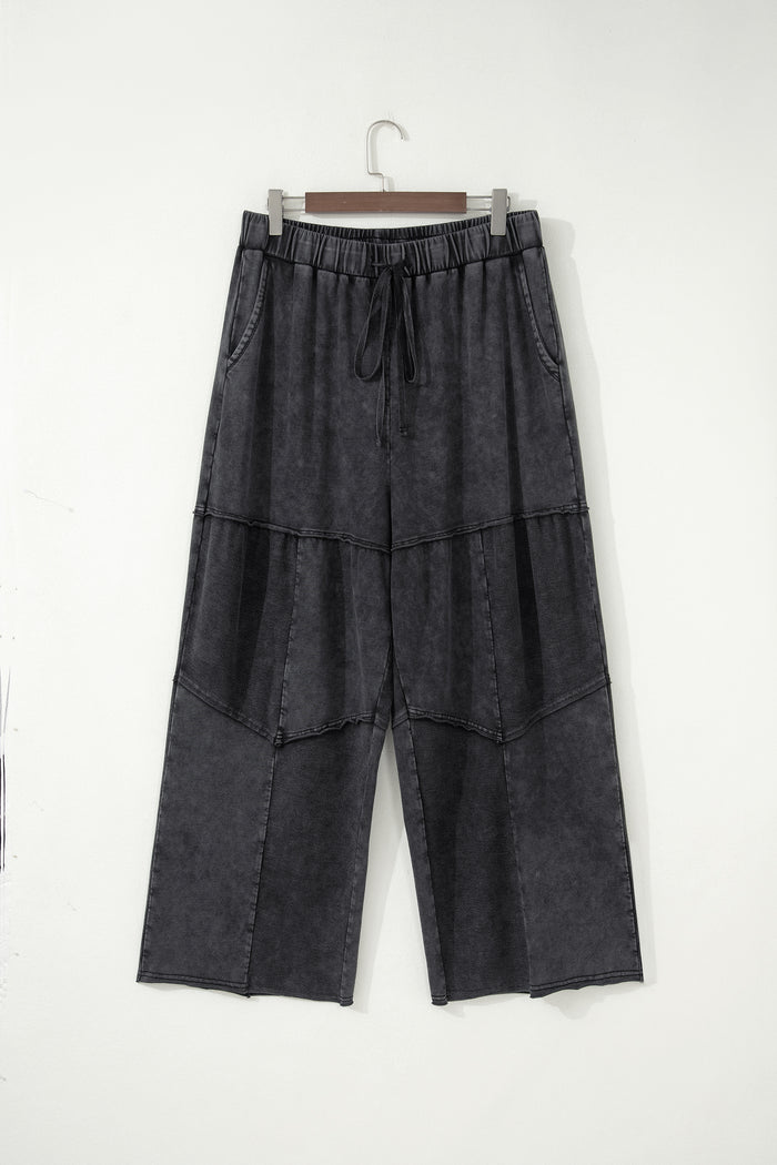 Black Plus Size Mineral Wash Exposed Seam Patchwork Drawstring Loose Pants