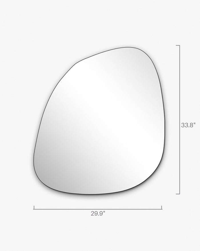 Frameless blob-shaped wall mirror with overall dimensions of 33.8 inches height and 29.9 inches width.