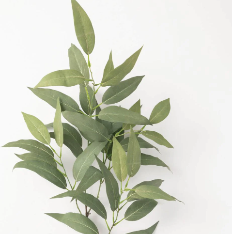 A bunch of faux green eucalyptus leaves on a white background.
