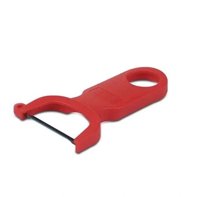 Red European style peeler on a white background.