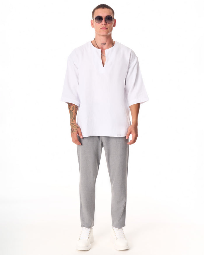 Martin Valen gray casual slim-fit trousers, full front view with model standing, slim fit and clean hem