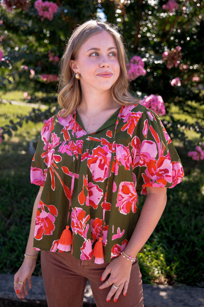 Green and Pink Floral Blouse- Women's Cotton Tops- THML Tops