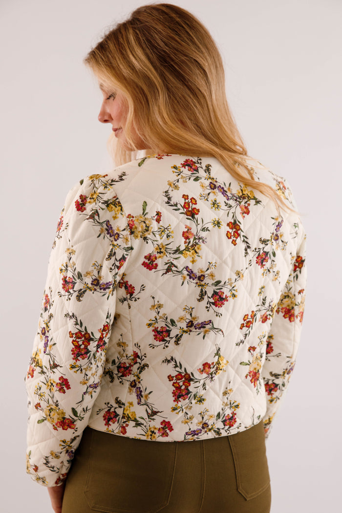 Front Tie Quilted Jacket- Women's Floral Print Quilted Jacket- Entro Jackets for Women