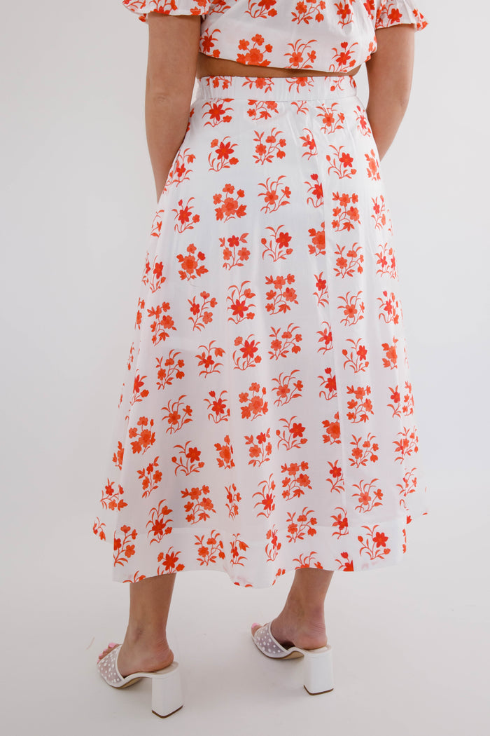Red Floral Two Piece Set- Women's Matching Set- Midi Skirt Set