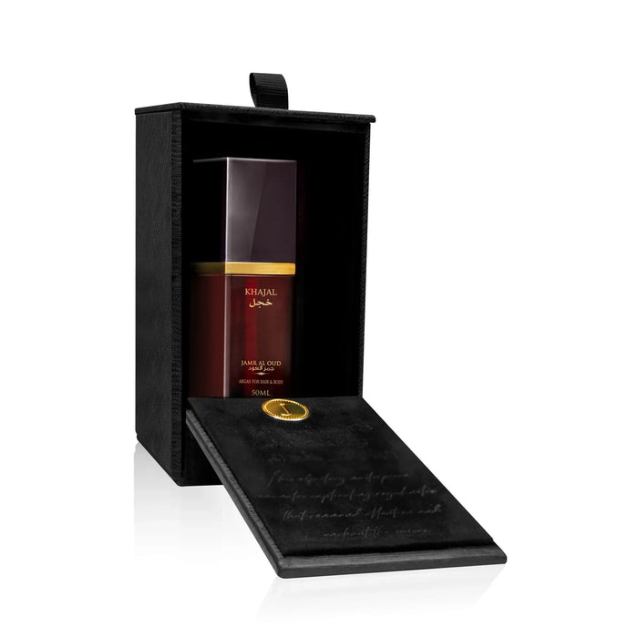 JAMR AL OUD Khajal perfume bottle in a luxurious black gift box, elegant presentation