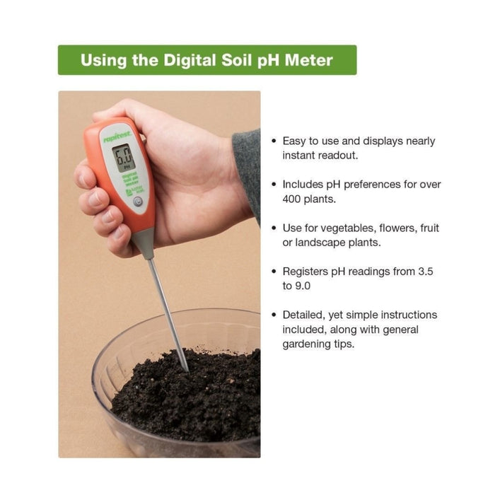 Digital soil pH meter being used to test soil with text on its use and features.