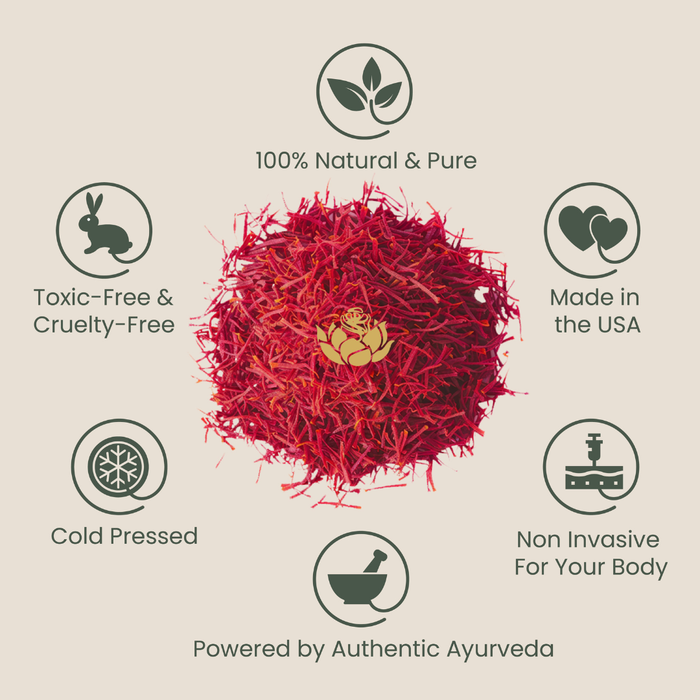 Muscle Relief Oil | Shankara features an image highlighting natural saffron threads surrounded by icons representing 100% natural and pure ingredients, toxic-free and cruelty-free, cold pressed, made in the USA, non-invasive for your body, and powered by authentic Ayurveda.