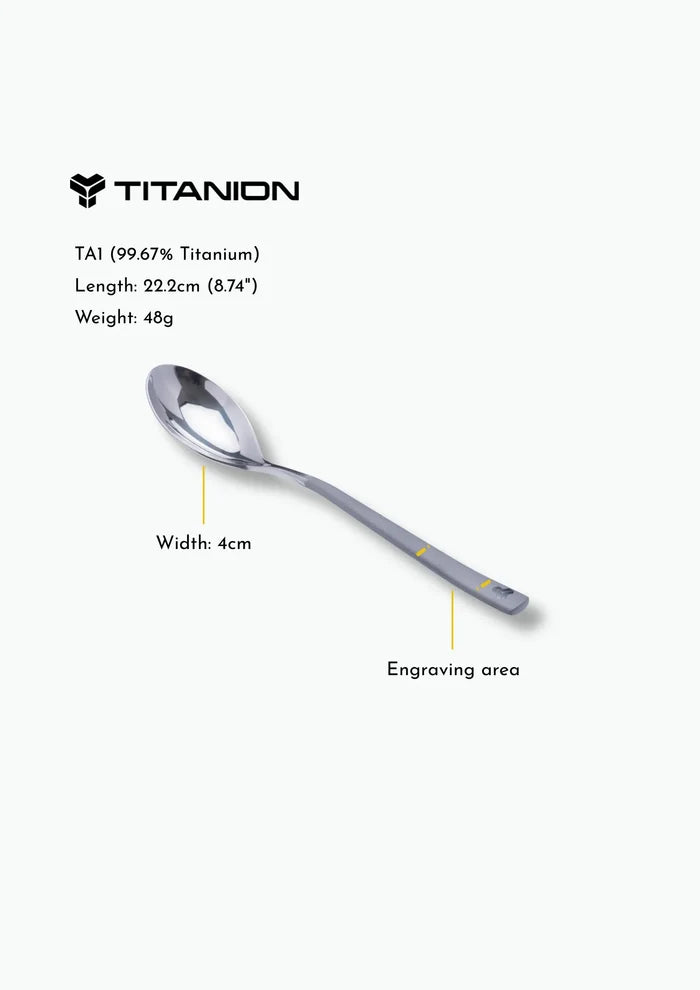Titanium spoon with measurement details on a white background, featuring the Titanion brand.