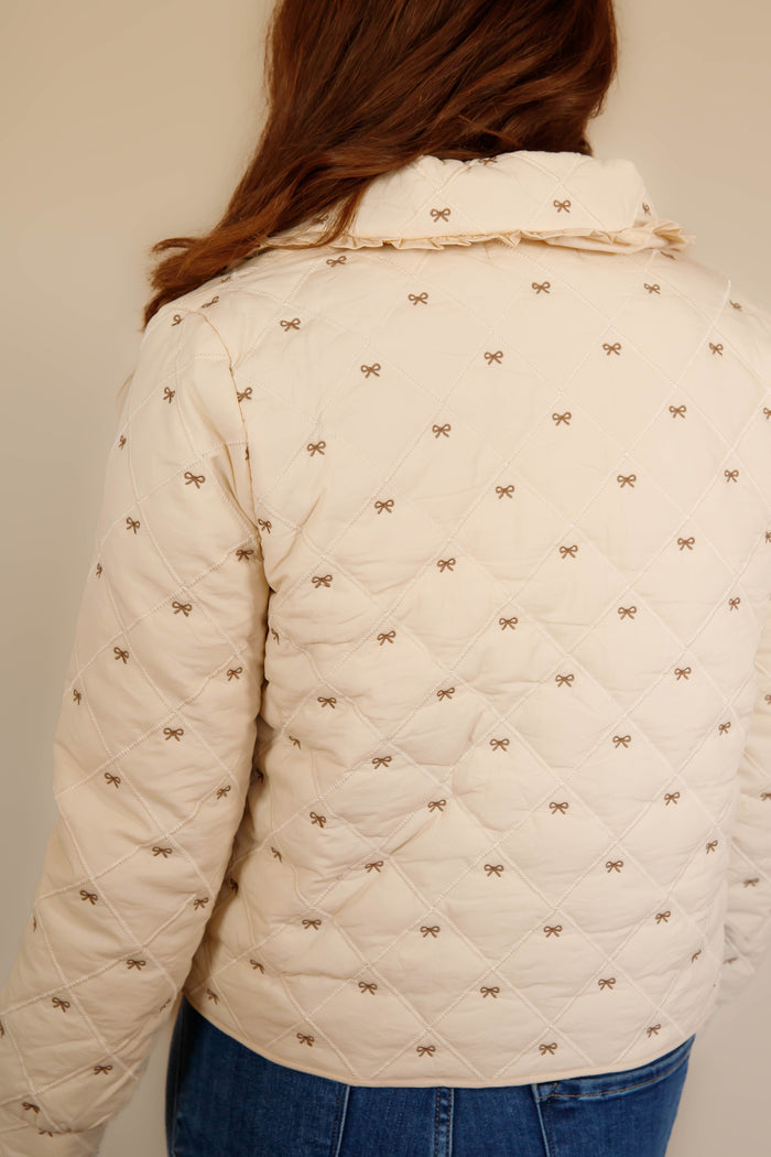 Women's Ruffle Bow Coat- Cream Quilted Coat- Women's Tie Front Quilted Jacket