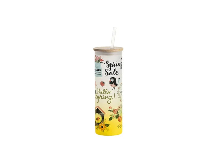 Sublimation Blanks 20oz/600ml Glass Skinny Tumbler w/Straw & Bamboo Lid(Frosted, Gradient Yellow)