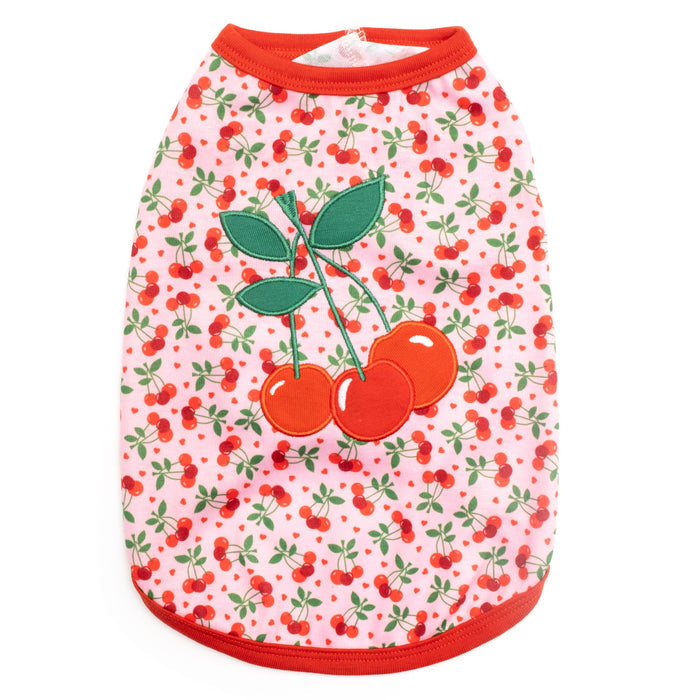 Dog shirt with cherry pattern on a white background