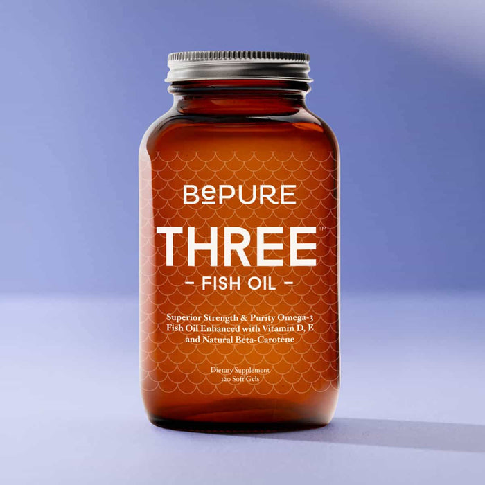 Bepure Three Fish Oil bottle on a gradient blue background