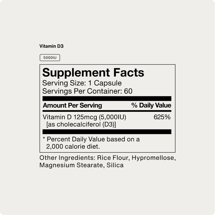 Supplement facts label for Vitamin D3 5000 IU showing a serving size of one capsule, 60 servings per container, with 625% daily value of Vitamin D3 and additional ingredients including rice flour and magnesium stearate for wellness supplements.
