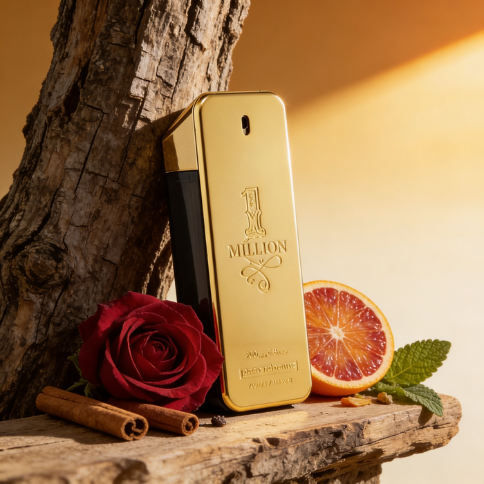 Gold '1 Million' perfume bottle with a red rose, cinnamon sticks, and blood orange on a wooden surface.