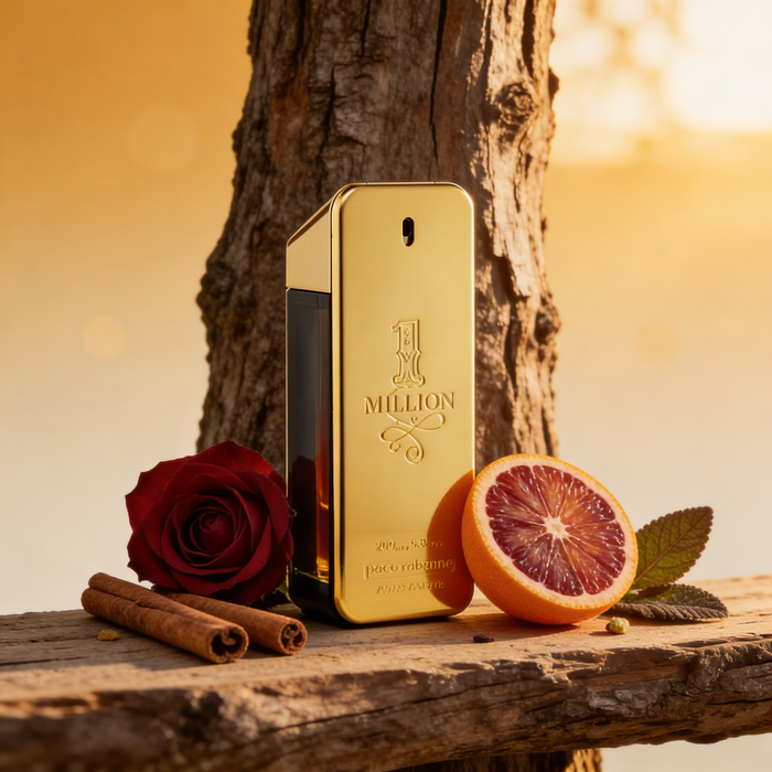 Gold '1 Million' perfume bottle with a red rose and sliced orange on a wooden surface.