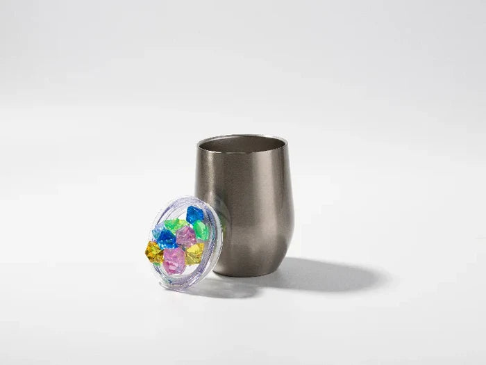 12oz SS Sublimation Blanks Silver Stemless Wine Cup with Color Fake Crushed Ice Topper Lid