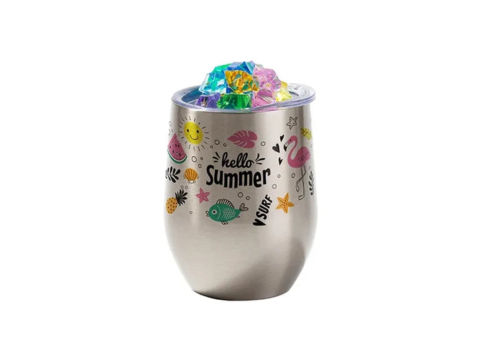 12oz SS Sublimation Blanks Silver Stemless Wine Cup with Color Fake Crushed Ice Topper Lid