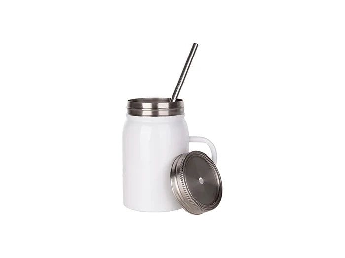 17oz/500ml Sublimation Stainless Steel Mason Jar with Straw& Handle (White)