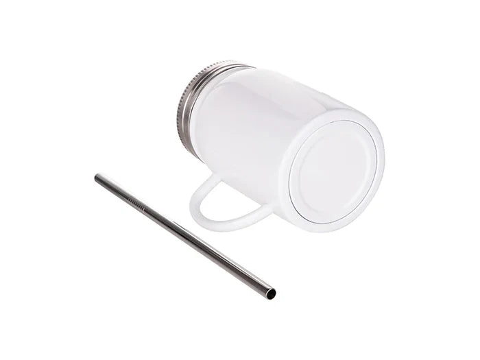 17oz/500ml Sublimation Stainless Steel Mason Jar with Straw& Handle (White)