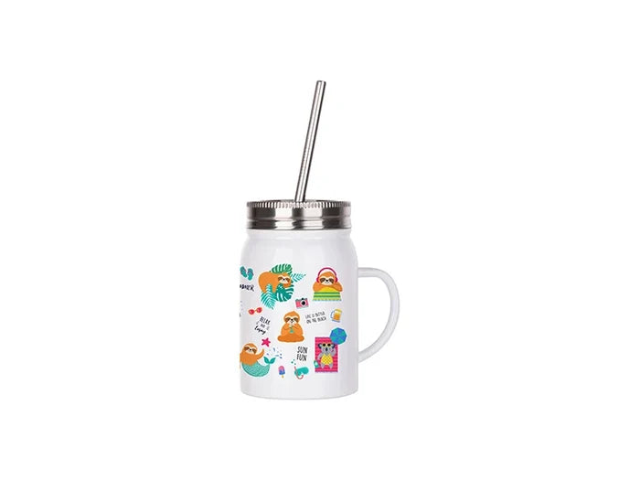 17oz/500ml Sublimation Stainless Steel Mason Jar with Straw& Handle (White)