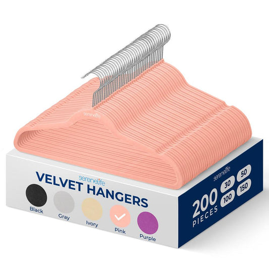 200 Velvet Hangers Non-Slip Space-Saving 360° Swivel Hook Pink