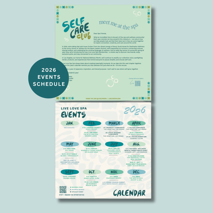 2026 Wellness Wall Calendar | Live Love Spa featuring a self care club introduction and a colorful events schedule for wellness activities across multiple cities throughout the year.