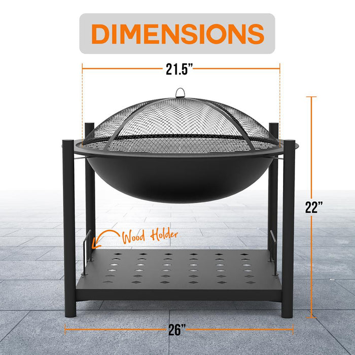 26" Outdoor Fire Pit with BBQ Grill, Heat-Resistant Steel, Wood Storage