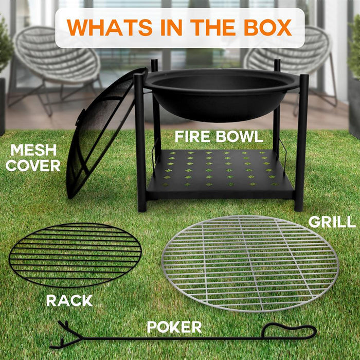 26" Outdoor Fire Pit with BBQ Grill, Heat-Resistant Steel, Wood Storage