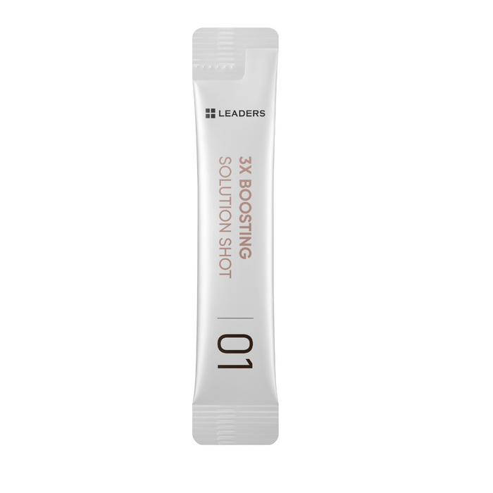 A white sachet pack labeled 3X Boosting Solution Shot 01 from Leaders, a skincare product associated with the 3X Boosting Modeling Mask - Collagen | Leaders, designed for skin hydration and collagen support.