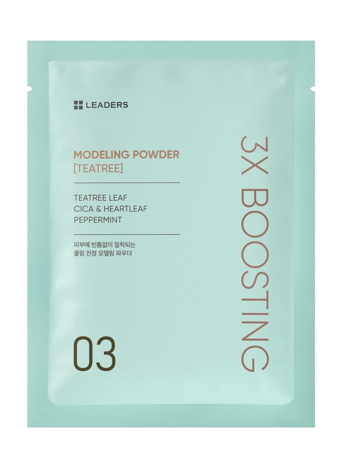3X Boosting Modeling Mask - TeaTree | Leaders in a light green sachet featuring calming ingredients like tea tree leaf, cica, heartleaf, and peppermint for skincare use.