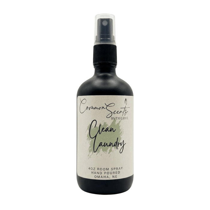 4oz Luxury Room Spray | CommonScents by Tayler E in a matte black bottle with a spray nozzle, labeled "Clean Laundry," designed for refreshing indoor spaces with a clean scent.
