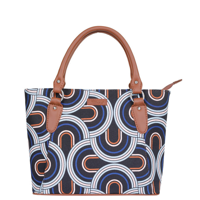 Women’s abstract handcrafted printed canvas tote bag with vegan leather handles