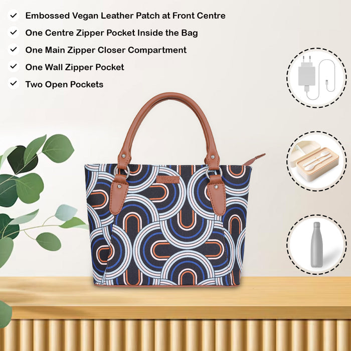 Women’s abstract handcrafted printed canvas tote bag with vegan leather handles-feature image