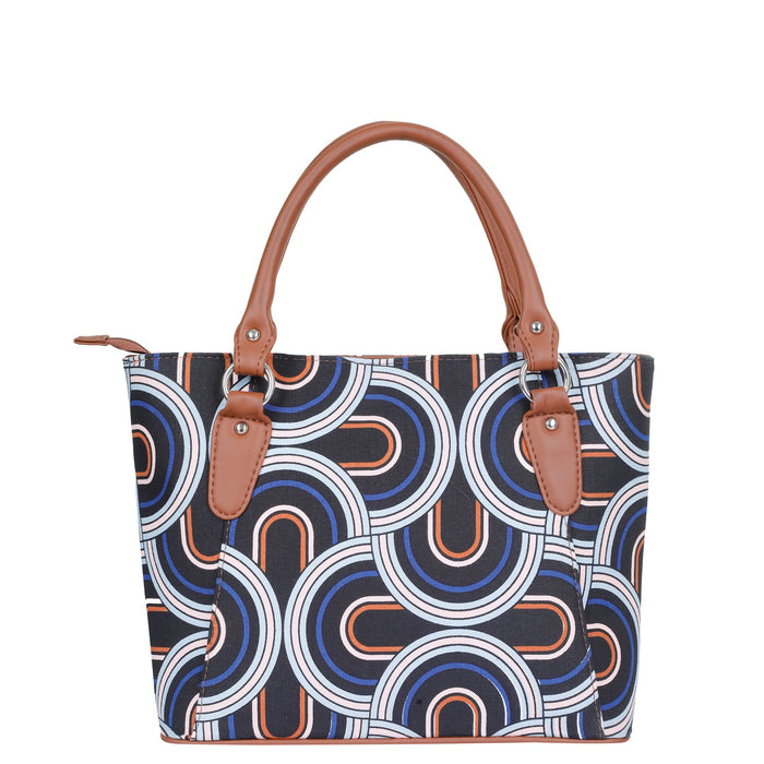 Women’s abstract handcrafted printed canvas tote bag with vegan leather handles-back image
