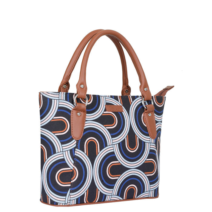 Women’s abstract handcrafted printed canvas tote bag with vegan leather handles-half side view
