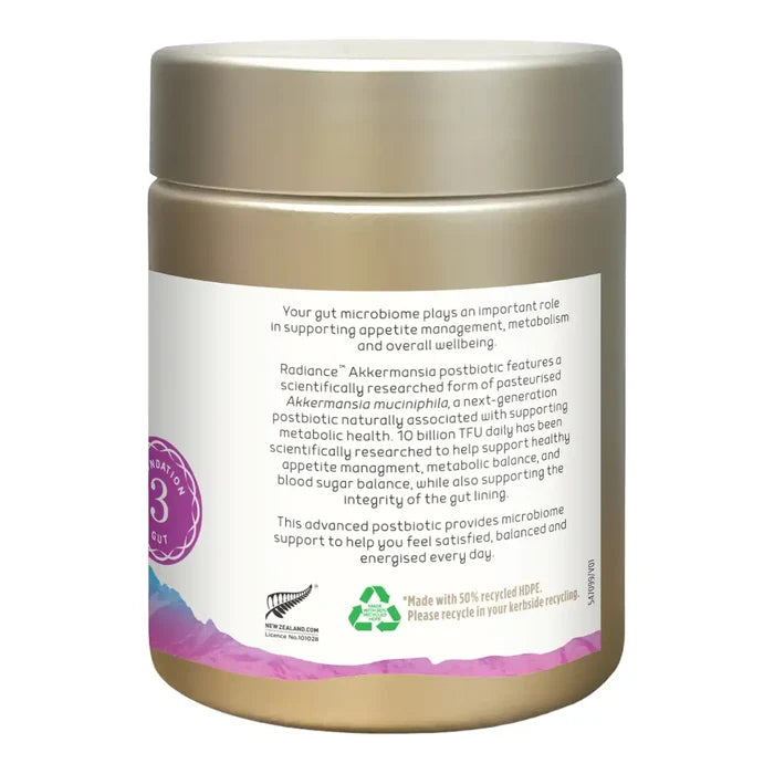 A jar of Radiance Akkermansia supplement, featuring a metallic gold lid and a white label with black text and purple accents.