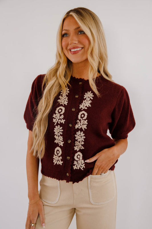 Maroon Short Sleeve Cardigan- Women's Embroidered Cardigan- Women's Sweater Tops