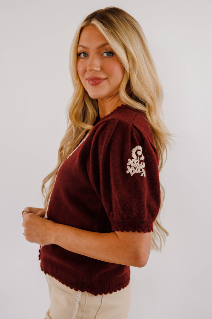 Maroon Short Sleeve Cardigan- Women's Embroidered Cardigan- Women's Sweater Tops