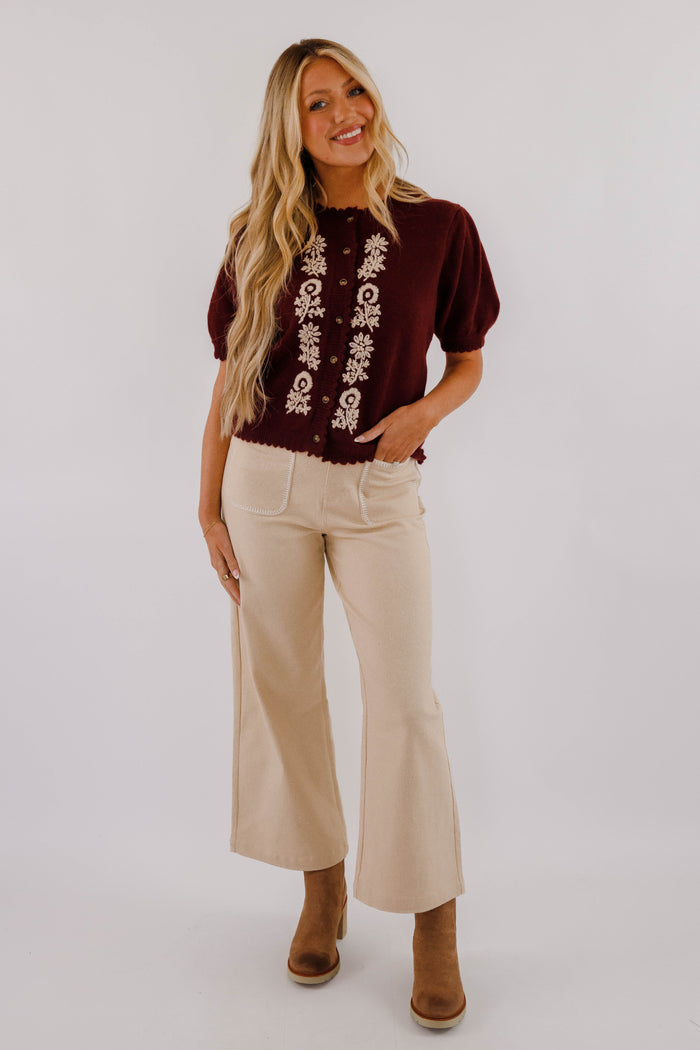 Maroon Short Sleeve Cardigan- Women's Embroidered Cardigan- Women's Sweater Tops