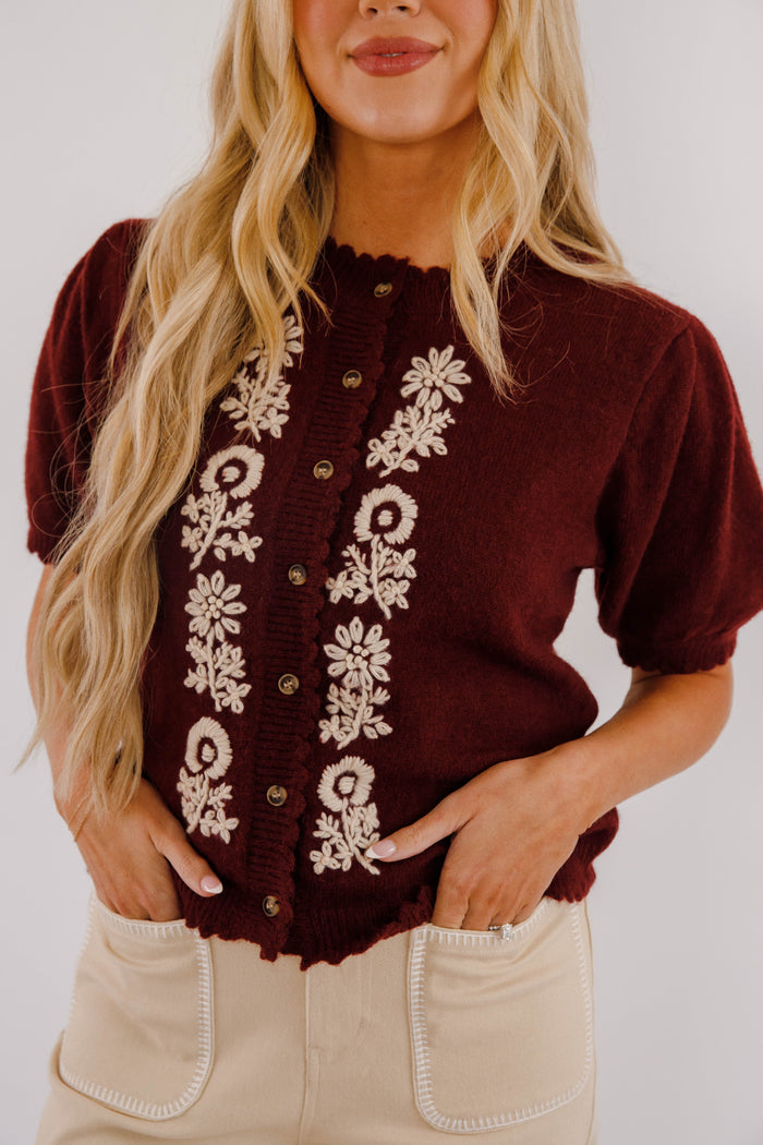 Maroon Short Sleeve Cardigan- Women's Embroidered Cardigan- Women's Sweater Tops
