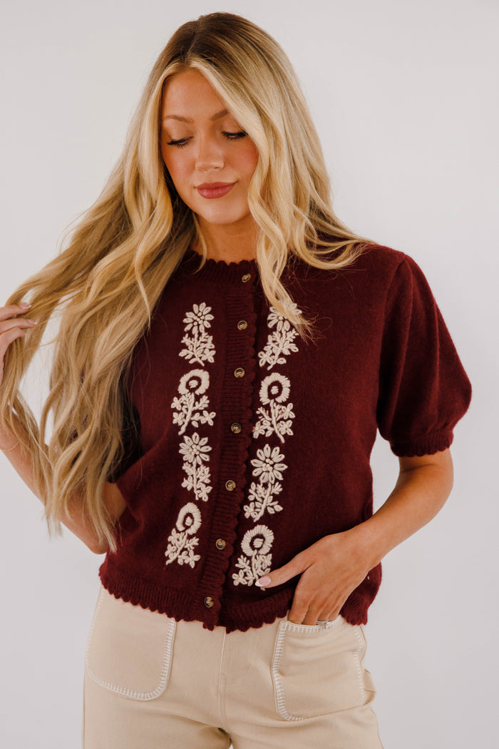 Maroon Short Sleeve Cardigan- Women's Embroidered Cardigan- Women's Sweater Tops