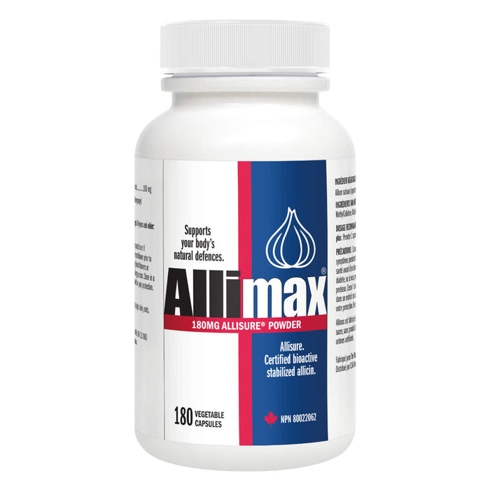 Bottle of AlliMax Allisure Powder 180mg 180 Capsules