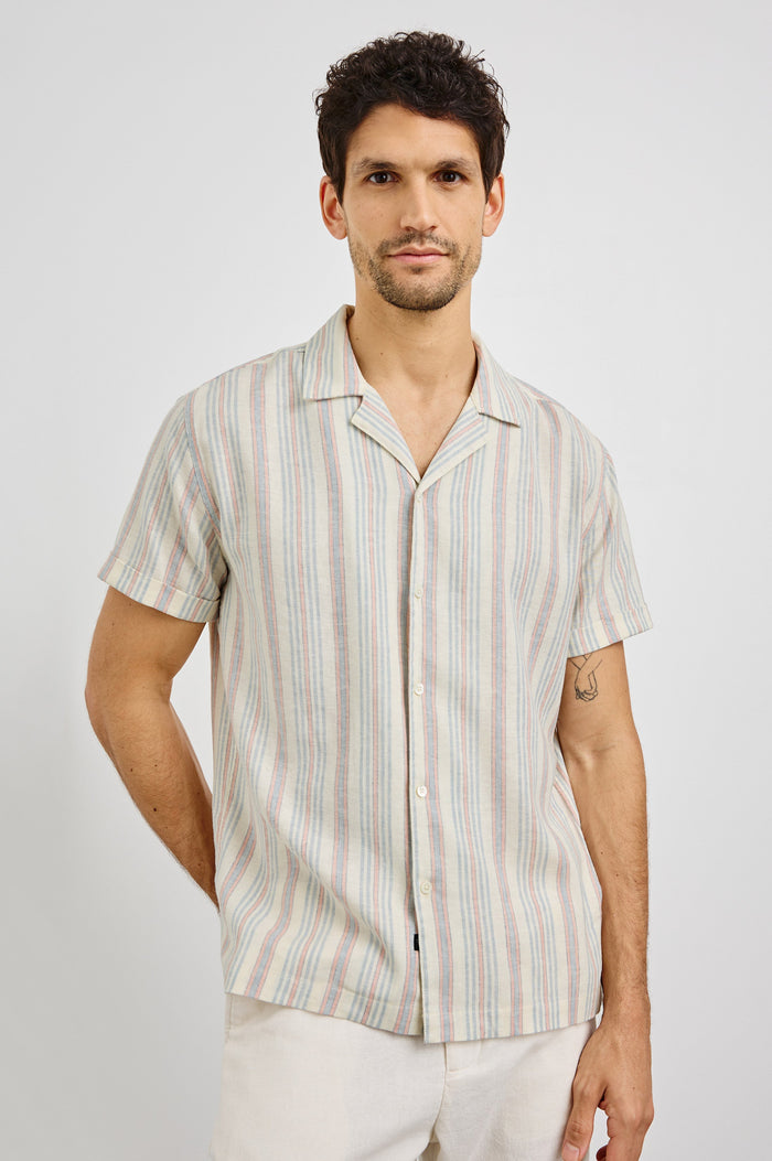 Amalfi Collared Button Front Shirt with Short Sleeves in Amalfi Stripe Colorway. Front View Shown on Model.