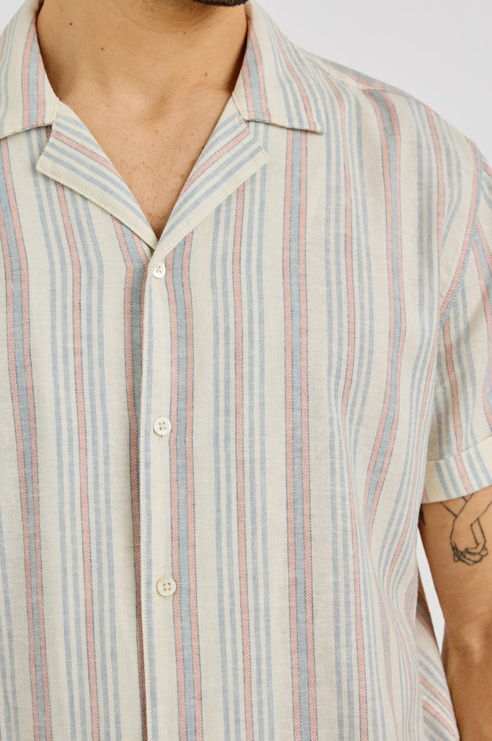 Amalfi Collared Button Front Shirt with Short Sleeves in Amalfi Stripe Colorway. Front View Shown on Model.