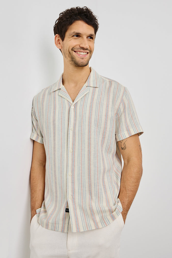 Amalfi Collared Button Front Shirt with Short Sleeves in Amalfi Stripe Colorway. Front View Shown on Model.