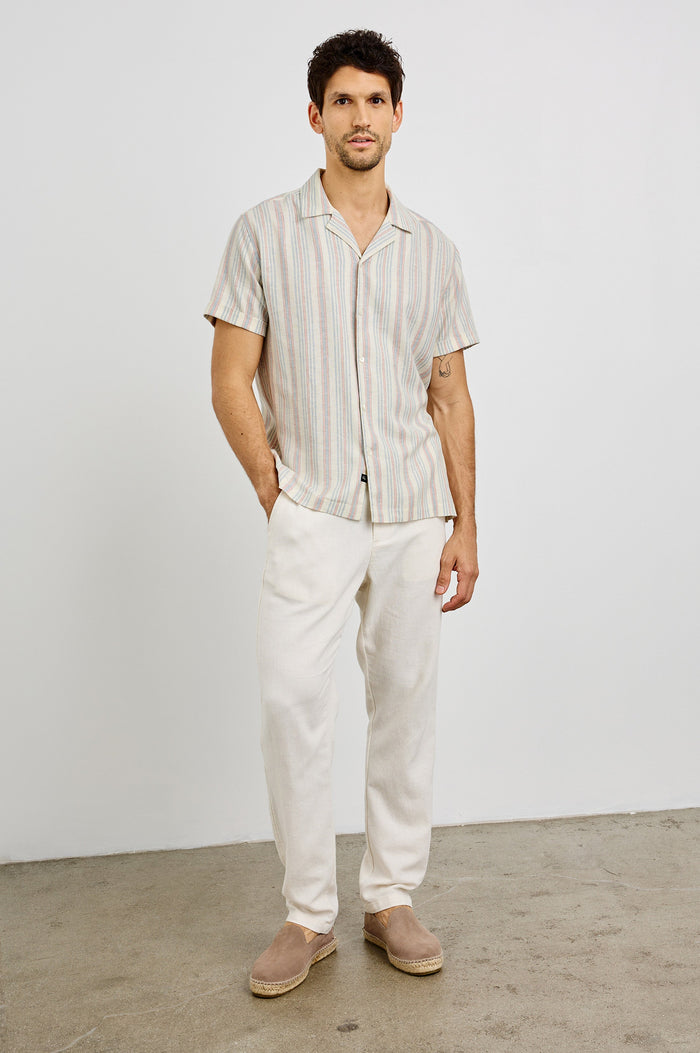 Amalfi Collared Button Front Shirt with Short Sleeves in Amalfi Stripe Colorway. Front View Shown on Model.