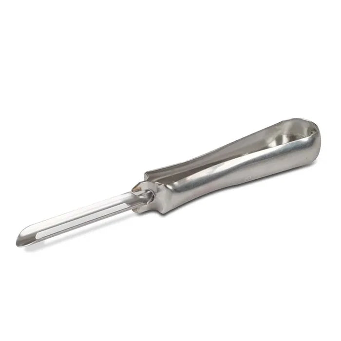 A stainless steel peeler with a swivel blade and a curved handle.
