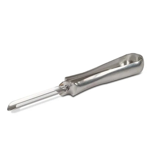 A stainless steel peeler with a swivel blade and a curved handle.